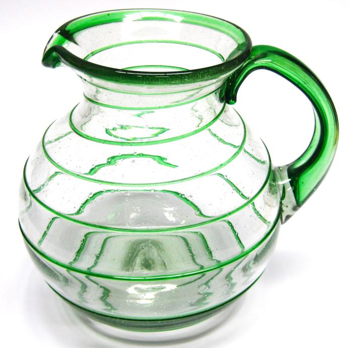 MEXICAN GLASSWARE / Emerald Green Spiral 120 oz Large Bola Pitcher / A classic with a modern twist, this pitcher is adorned with a beautiful emerald green spiral.